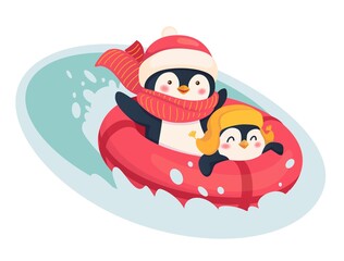 Penguins on a snow tube