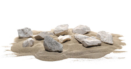 Beach, desert sand pile with rocks isolated on white background