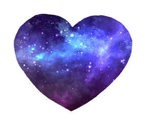 Painted Galaxy in Heart Shapes Isolated on White Background. Happy Valentine's Day Watercolor