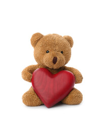 Cute teddy bear with red heart isolated on white. Valentine's day celebration