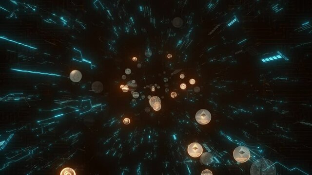 Abstract Technology Background with Flying Bitcoin