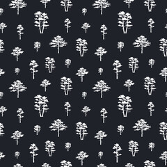 Conifer texture for fabric. Tree silhouette seamless pattern. Vector isoleted background with hand drawn forest wood. 