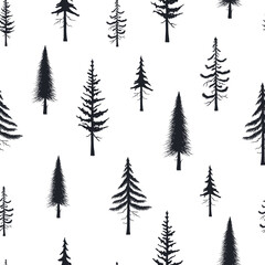 Obraz premium Evegreen trees silhouettes seamless pattern. Vector isoleted background with hand drawn christmas firs. Conifer texture for fabric.