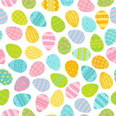 Spring background with painted Easter eggs. Digital paper. Vector hand-drawn illustration in pastel colors. Ideal for textiles, fabric printing