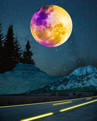 Moonlight. Cityscape in bright colors. Trendy neon lighted background, wallpaper with copyspace for ad. Modern design. Contemporary art collage. Inspiration, mood, creativity concept. Retrowave style.