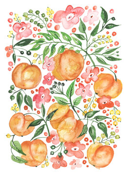 watercolor pattern with a floral pattern of leaves, berries, plants and fruit peach.
Peach, apricot pattern with tropic fruits, leaves, flowers background. logo, sticker, illustration