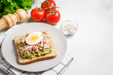 Avocado rye bread toast with tuna and boiled egg on bright background.