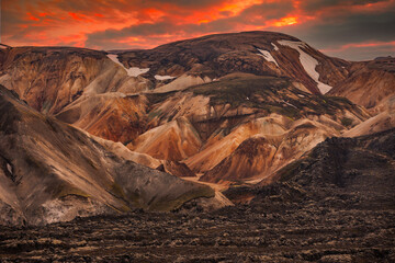 Landscape view of Landmannalaugar colorful mountains and glacier, Iceland