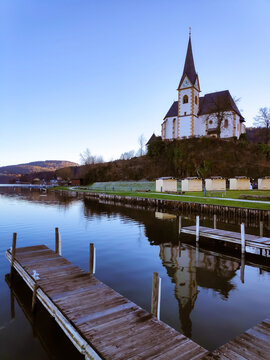 Maria Worth Church reflected in the lake, Austria