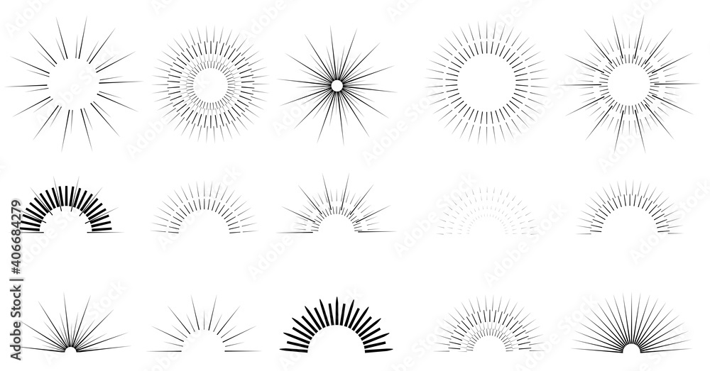 Poster sunbeams line set. sun flashes, black round and semicircular icons. explosion sparks, pattern. glow 