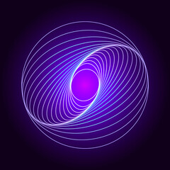 Abstract swirling symbols. Twisted wireframe tunnel. Curved blue shape. Technology glowing logo element.