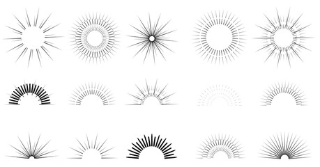 Obraz premium Sunbeams line set. Sun flashes, black round and semicircular icons. Explosion sparks, pattern. Glow effect.Decorative objects of linear contour. Vector illustration