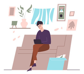 Female with laptop sitting on the sofa at home interior. Flat design illustration. Vector