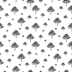 Vector isoleted oaks silhouettes  background. Seamless pattern with forest trees. Hand drawn foliage texture for fabric.