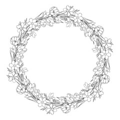 A wreath of wildflowers. Line art. Decorative isolated element for design.