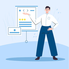 Man with presentation, hand showing a graph. Flat design illustration. Vector
