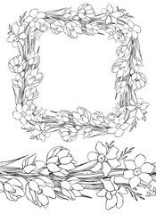 Frame and seamless border of wildflowers. Line art. Decorative isolated element for design.