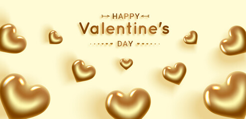 Happy Valentine s Day. Gold hearts. Banner with place for text. Happy birthday greeting card, International Women s Day. Isolated on a yellow background. Vector