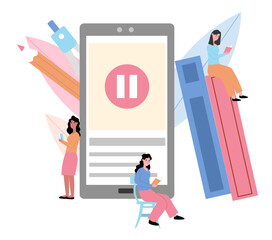 School distance learning, device screen and books. Flat design illustration. Vector