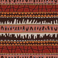 Seamless vector pattern including ethnic Australian motive with dotted different elements on brown background