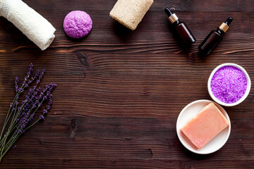 Fototapeta na wymiar Aromatherapy wellness background with lavender cosmetics