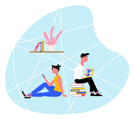 Male and female educating online, phone and laptop with books. Flat design illustration. Vector