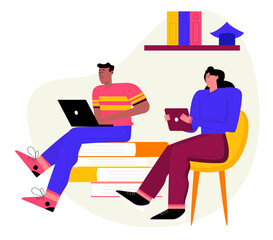 Male and female with devices reading indoors. Flat design illustration. Vector