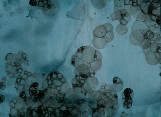 abstract background blue, texture mule ink bubbles, stains and drops, drawing - 406687469