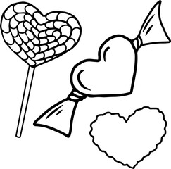 hand drawn vector illustration of heart, candy and lollypop