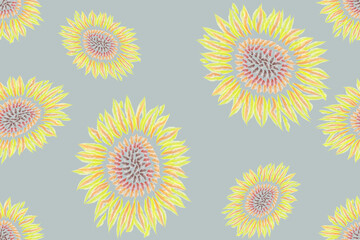 Seamless pattern with yellow sunflowers on a gray background. Watercolor. Trendy floral background for textile, fabric, 