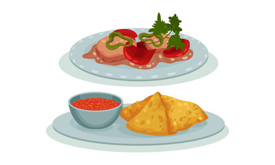 Different Dish and Main Courses Served on Plate Vector Set