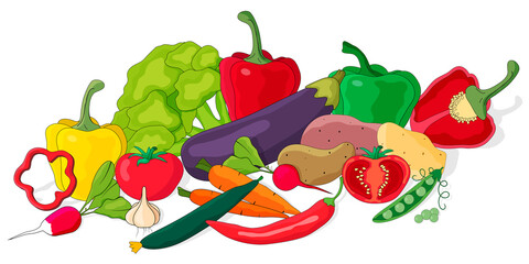 Vegetables still life.Fresh vegetables, autumn harvest.Broccoli, potatoes, radishes, tomatoes, peas, peppers, chili peppers lying nearby.Flat vector illustration in the style of hand drawing.