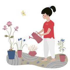 The girl watering plants isolated on a white background. Woman caring for flowers. Illustration in hand drawn style.