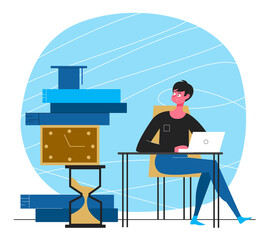 Male student with laptop working, books, clocks. Flat design illustration. Vector