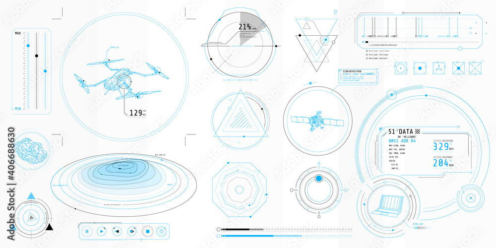 Poster a set of thin elements on the topic of drone control.