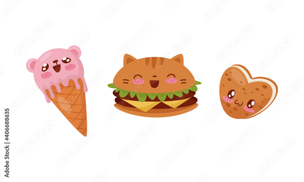 Poster smiling kawaii hamburger and ice cream with face vector set