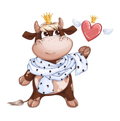 A cute calf Prince with a royal scarf around his neck catches a heart with wings and a crown. Vector valentine character on a white background.