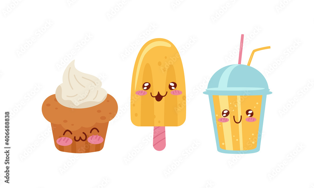 Poster smiling kawaii cupcake and ice-cream on stick with face vector set