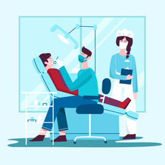 Man at dentist, doctor treating teeth, assistant with clipboard smiling. Flat design illustration. Vector