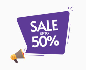 Promotion sale sticker vector, 50 percent discount off offer, up to 50 percentage label icon for megaphone announcement