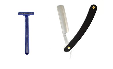Straight razor and usual razor on white background