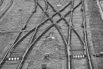 Railway. Rails. Sleepers. Industrial background.