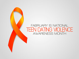 Fabruary is National. Teen Dating Violence. Awareness months. Vector illustration with orange ribbon on grey background