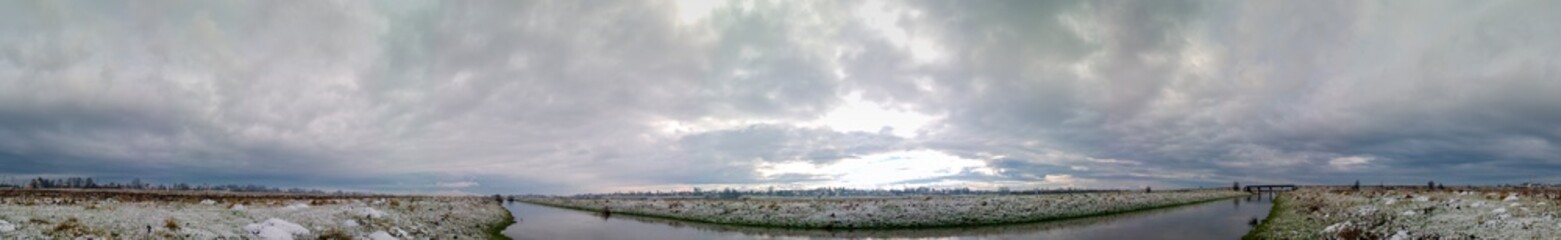 winter flood of the river on a sunny day with fresh snow