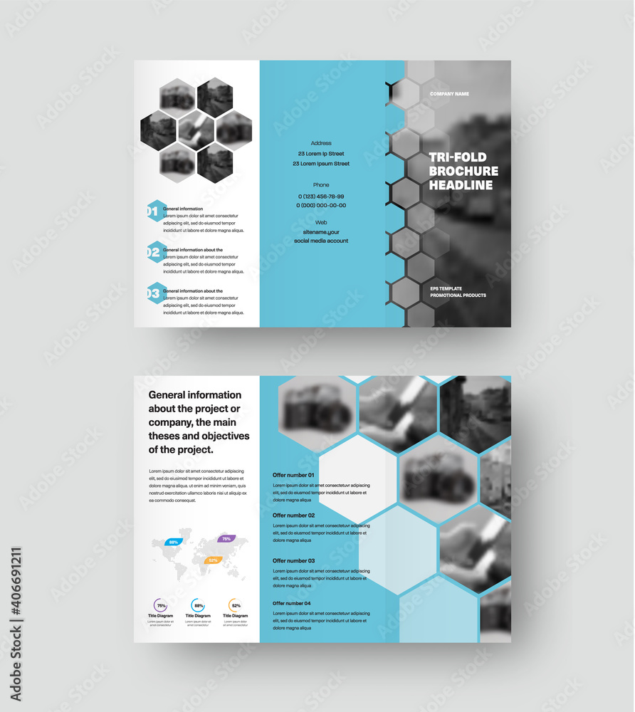 Poster Presentation of vector trifold template with hexagons, blue design elements on white background.