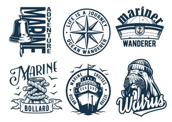 Marine print set with cap of walrus. Cruises, bollard and bell. Monochrome t-shirt nautical apparel design