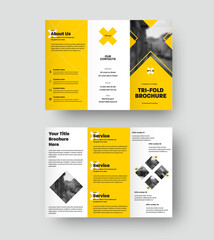 Vector brochure template, trifold presentation with geometric design, cross and yellow elements.