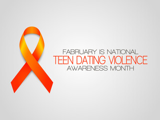 Fabruary is National. Teen Dating Violence. Awareness months. Vector illustration with orange ribbon on grey background