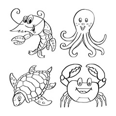 Hand drawn Aquatic Animal Collection Coloring  page for kids