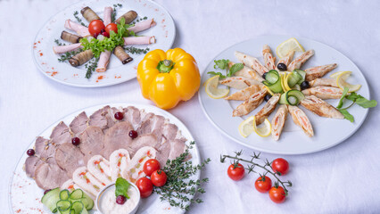 Sliced sausages and snacks in plates with vegetables. On white background